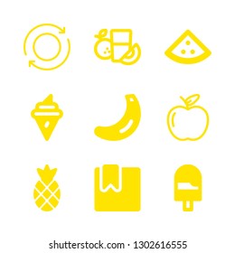 fruit icons set with bookmarked filled square, refresh and orange juice vector set