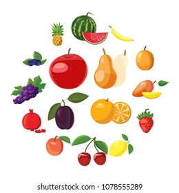 Fruit icons set in cartoon style on a white background