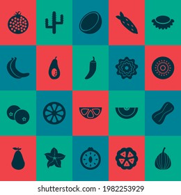 Mit Kakaobohnen, Kiwis, Bananen und anderen Nahrungsbestandteilen ausgestattete Fruchtsymbole. Isolierte Vektorgrafik Fruchtsymbole.