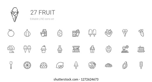 fruit icons set. Collection of fruit with cake, food, popsicle, lemon, pie, orange, scoop, strawberry, frozen yogurt, vegetables, cupcake, ice cream. Editable and scalable fruit icons.