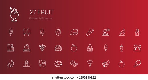 fruit icons set. Collection of fruit with cornucopia, ice cream, mushroom, coconut, bananas, popsicle, cupcake, healthy food, pie, grapes, apple. Editable and scalable fruit icons.