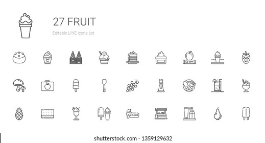 fruit icons set. Collection of fruit with cream, vegetables, ice cream, pineapple, food, milkshake, grape, scoop, popsicle, lunchbox, mushrooms. Editable and scalable fruit icons.