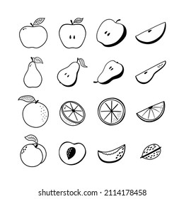 Die Fruchtsymbole setzen. Sammlung von handgezeichneten Obstsymbolen für Logo, Banner, Aufkleber, Menü, Design und Dekoration von Lebensmittelverpackungen