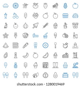 fruit icons set. Collection of fruit with ice cream, banana, watermelon, cornucopia, breakfast, cupcake, cream, pineapple, soft drink, piece of cake. Editable and scalable fruit icons.