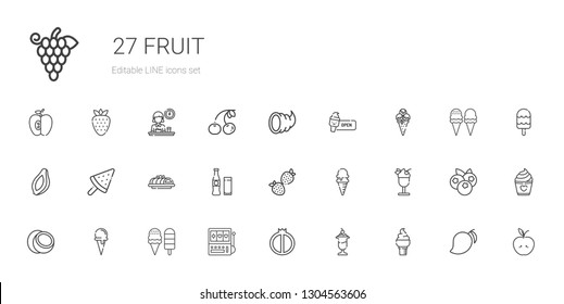 fruit icons set. Collection of fruit with ice cream, watermelon, slot machine, ice cream cone, coconut, strawberry, beverage, cake, papaya. Editable and scalable fruit icons.