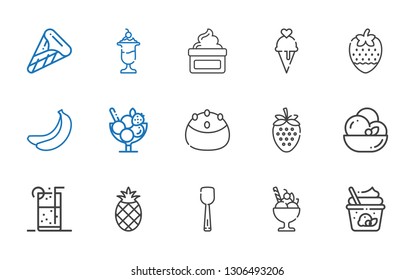fruit icons set. Collection of fruit with ice cream, scoop, pineapple, soft drink, strawberry, cake, banana, cream. Editable and scalable fruit icons.