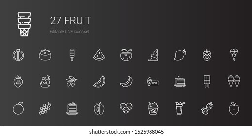 fruit icons set. Collection of fruit with ice cream, apple, cake slice, grape, orange, banana, melon, olive, strawberry, mango, coconut, healthy food. Editable and scalable fruit icons.