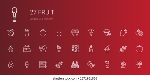 fruit icons set. Collection of fruit with ice cream, mushroom, strawberry, slot machine, popsicle, banana, lime, caramel, cupcake, mushrooms. Editable and scalable fruit icons.