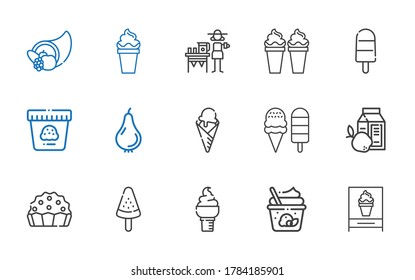 fruit icons set. Collection of fruit with ice cream, popsicle, pie, breakfast, pear, lemonade, cornucopia. Editable and scalable fruit icons.