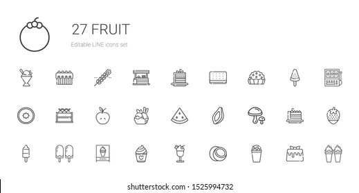 fruit icons set. Collection of fruit with milkshake, coconut, ice cream, cake, popsicle, mushrooms, papaya, watermelon, apple, kiwi, pie, cake slice. Editable and scalable fruit icons.