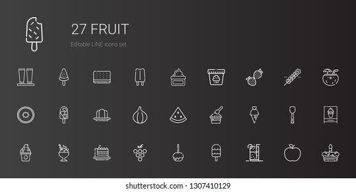 fruit icons set. Collection of fruit with soft drink, ice cream, caramelized apple, grape, cake slice, frozen yogurt, watermelon, fig, gelatine. Editable and scalable fruit icons.