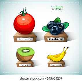 Fruit icons set, each fruit on a wooden plate, EPS 10