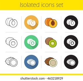 Fruit icons set. Flat design, linear, black and color styles. Cutted apricot, halved kiwi fruit, open coconut. Isolated vector illustrations