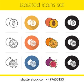 Fruit icons set. Flat design, linear, black and color styles. Halved apricot, open orange, cutted common fig. Isolated vector illustrations