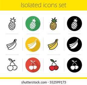 Fruit icons set. Flat design, linear, black and color styles. Pineapple, banana bundle, cherries. Isolated vector illustrations