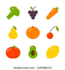 Fruit icons set in flat style on white background. Vector illustration.