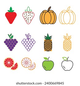Iconos de frutas conjunto estilo plano Diseño vectorial