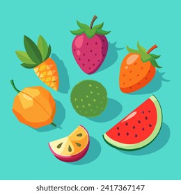 Fruit icons set in flat style. Strawberry, pineapple, kiwi, watermelon