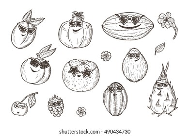 Fruit icons set. Funny Stylish Fashion Berries and Fruits with sunglasses. Hand drawn doodle apricot,  peach, cherry, raspberry, pomegranate, orange, melon, coconut, dragon fruit, carambola