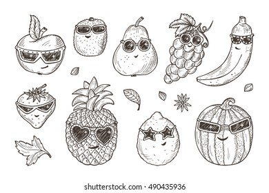 Fruit icons set. Funny Stylish Fashion Berries and Fruits with sunglasses. Hand drawn doodle apple, kiwi, pear, grapes, banana, strawberry, pineapple, lemon, lime, watermelon