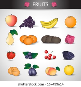Fruit Icons Set - Isolated On Gray Background - Vector Illustration, Graphic Design Editable For Your Design.