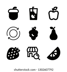 fruit icons set with lemonade, pear and acorn vector set