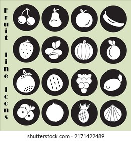 Fruit icons set on the black stickers. White outlines of fruit for any design. Healthy fruit dieting. Vector illustration.