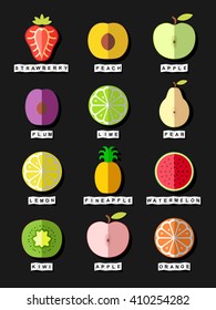 Fruit icons set. Strawberry. Apple. Pear. Orange. Lemon. Peach . Pineapple. Plum . Watermelon . Kiwi