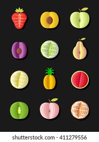 Fruit icons set. Strawberry. Apple. Pear. Orange. Lemon. Peach . Pineapple. Plum . Watermelon . Kiwi .