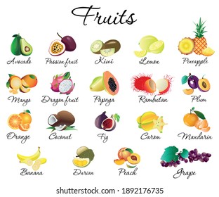 Fruit icons set vector illustration. Collection of avocado, passion fruit, lemon, pineapple, plum, peach, orange, grape, mandarine, etc. Exotic tropical fruits isolated on white