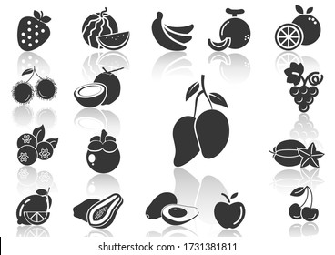 fruit icons and shadow,lemon,blueberry,carambola,papaya,avocado,coconut,rambutan,mango,cherry,orange,strawberry,apple,watermelon,mangosteen,grape,banana,dragon fruit,melon.vector illustrations