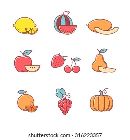 Fruit icons thin line set. Flat style color vector symbols isolated on white.