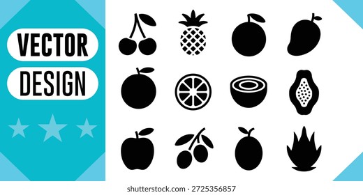 Ícones de fruta e cerejas de texto de design vetorial