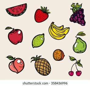 Fruit icons. Vector illustration. Hand drawing on a graphic tablet.