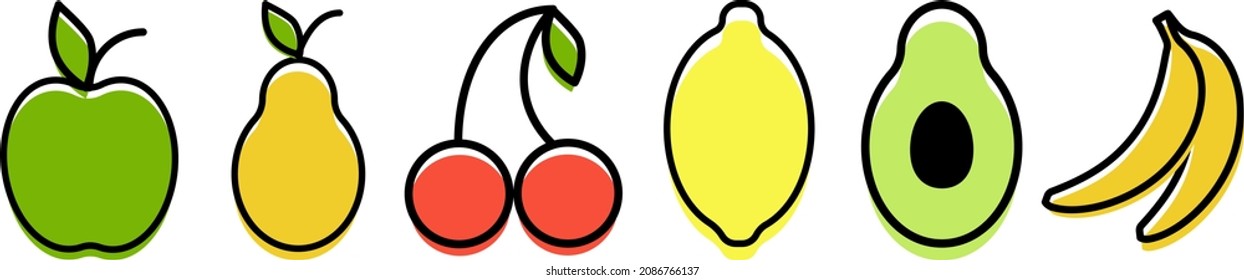 Fruit icons. Vector illustration isolated on white background. Banana lemon apple avocado cherry pear.