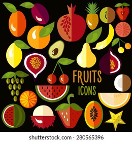 Fruit icons: vector set of flat colorful food signs. Vector illustration