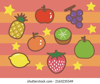 fruit illustration, Apple, Kiwi, Grape, Strawberry, Orange, Lemon, Pineapple, Guava