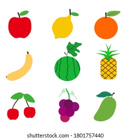 
fruit illustration. illustration of apples, oranges, lemons, grapes, pineapples, mangoes, bananas, grapes, cherries and watermelons.