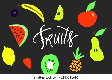 Fruit illustration. Banana, apple, watermelon, lemon, pineapple for your design
