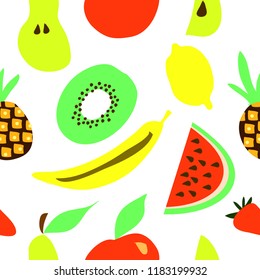 Fruit illustration. Banana, apple, watermelon, lemon, pineapple for your design. Seamless pattern