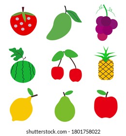 
ilustración de fruto. ilustraciones de fresas, naranjas, limones, uvas, piñas, mangos, plátanos, uvas, cerezas y sandías.