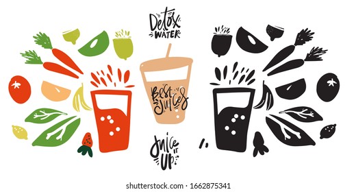 Fruit illustration for juice bar menu.  Juice it up. Detox water. Best juices. Hand lettering illustration