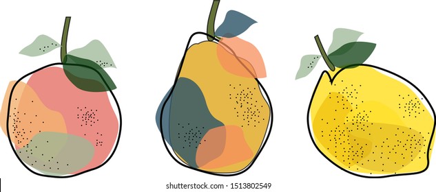 Fruit illustration: lemon, apple and pear . Blurry colored spots. Creative and modern illustration, wall art, greeting card, packaging design.