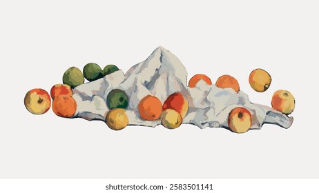 Fruit illustration with oranges, apples, and limes on a white cloth. Fruits are scattered, showcasing vibrant oranges, apples, and limes in a still life scene. Vintage fruit illustrations vector.