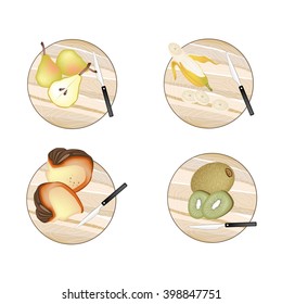 Fruit, Illustration of Pears, Banana, Pumpkin and Kiwifruit on Cutting Board on Wooden Cutting Boards.