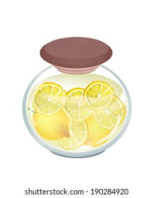 Fruit, An Illustration Of Pickled Lemons Or Preserved Lemons In Brine Of Water And Salt In Glass Jar Isolated On White Background. 