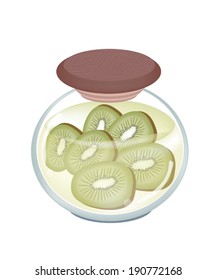 Fruit, An Illustration of Preserved Kiwi, Kiwi Jam or Kiwi Compote in Syrup of Water and Sugar in Glass Jar Isolated on White Background. 