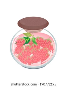 Fruit, An Illustration of Preserved Raspberries, Raspberry Jam or Raspberries Compote in Syrup of Water and Sugar in Glass Jar Isolated on White Background. 