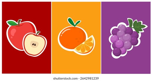 Fruit illustration set. Apple, orang and grape. Healthy food cartoon. Mixed fruit set
