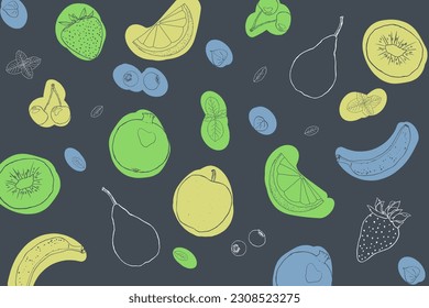 Fruit illustration sketch style bright spots dark background vector